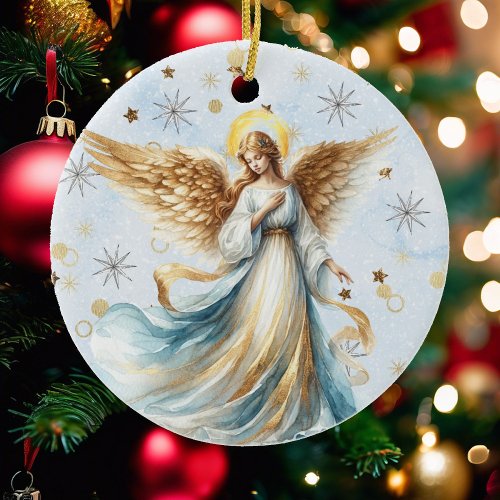 Christmas Angel Gold Blue Watercolor Ceramic Ornament