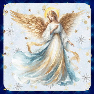 Christmas Angel Gold Blue Watercolor Square Sticker
