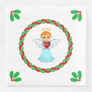 Christmas angel & holly leaves on white paper dinner napkins