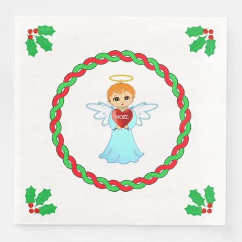 Christmas angel  holly leaves on white paper dinner napkins