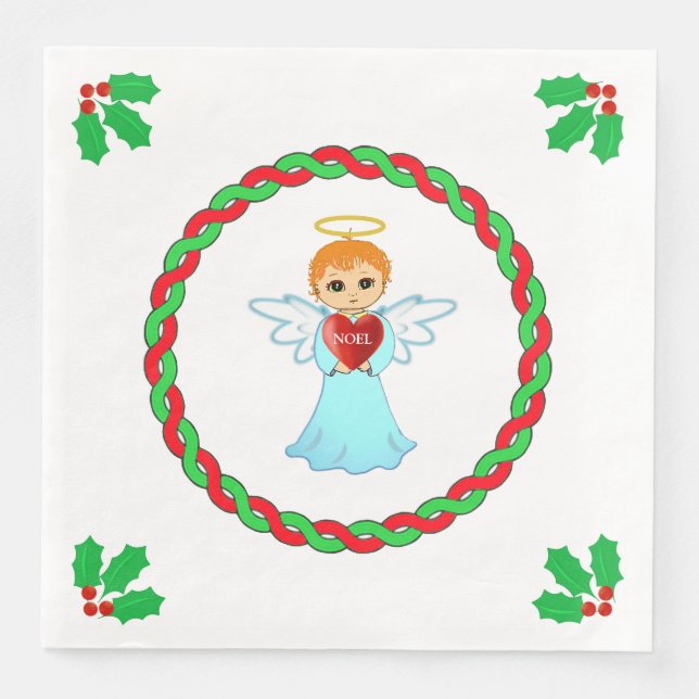 Christmas angel & holly leaves on white paper dinner napkins (Front)
