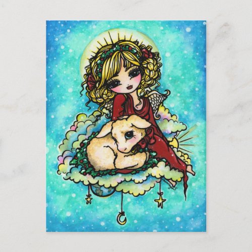 Christmas Angel Lamb Snow Fantasy Art Postcard