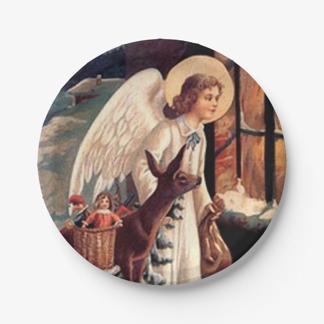 Christmas Angel looking through a window Paper Plates (Front)