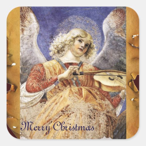 CHRISTMAS ANGEL MAKING MUSIC ANTIQUE PARCHMENT SQUARE STICKER