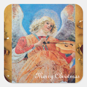 CHRISTMAS ANGEL MAKING MUSIC ANTIQUE PARCHMENT SQUARE STICKER