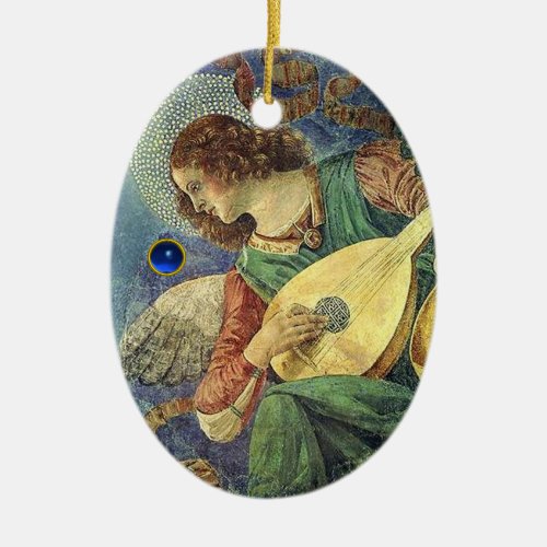 CHRISTMAS ANGEL MAKING MUSIC Blue Gem Stone Ceramic Ornament