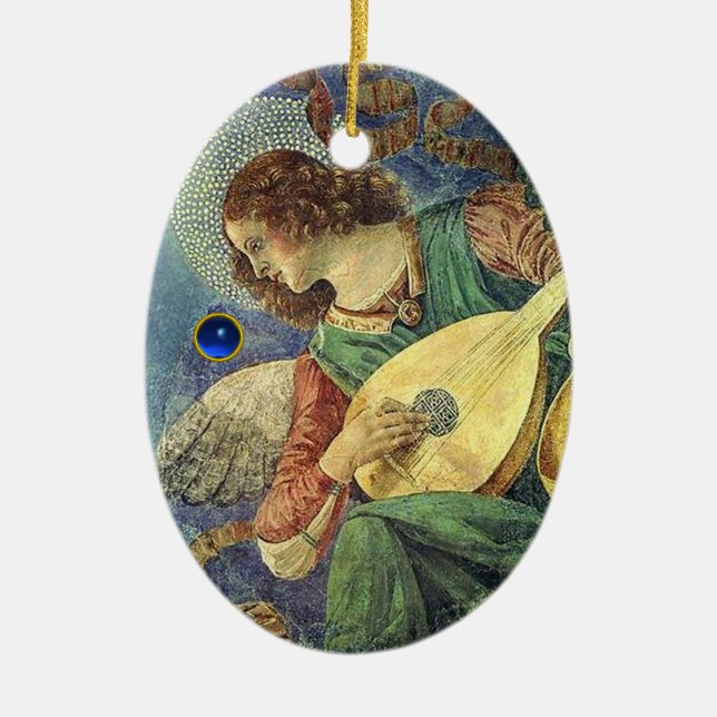 CHRISTMAS ANGEL MAKING MUSIC Blue Gem Stone Ceramic Ornament (Front)