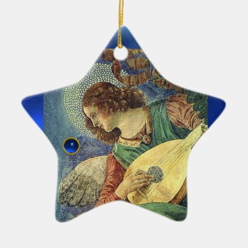 CHRISTMAS ANGEL MAKING MUSIC Blue Gem Stone Star Ceramic Ornament
