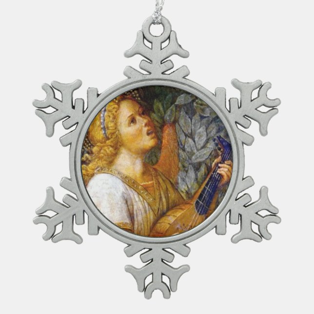 CHRISTMAS ANGEL MAKING MUSIC blue green turquoise Snowflake Pewter Christmas Ornament (Front)