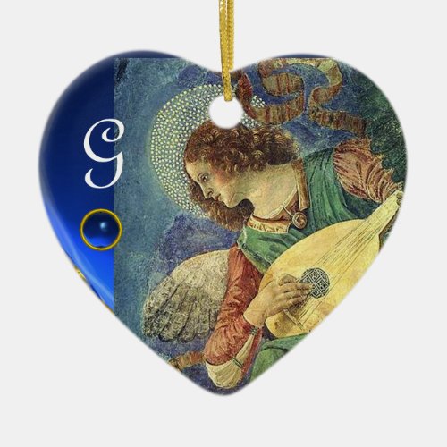 CHRISTMAS ANGEL MAKING MUSIC Heart GemMonogram Ceramic Ornament
