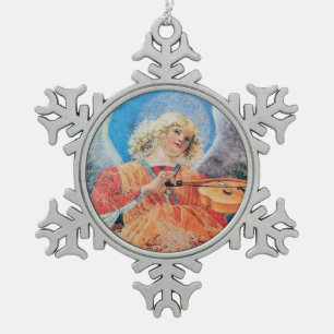 CHRISTMAS ANGEL MAKING MUSIC pink blue turquoise Snowflake Pewter Christmas Ornament