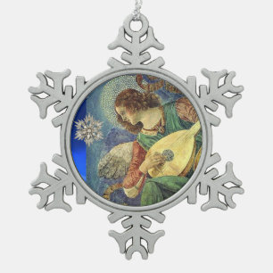 CHRISTMAS ANGEL MAKING MUSIC WITH DIAMOND STAR SNOWFLAKE PEWTER CHRISTMAS ORNAMENT