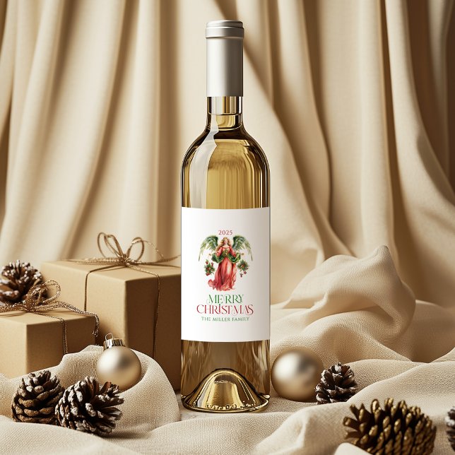 Christmas Angel Merry Christmas Typography  Wine Label (Creator Uploaded)