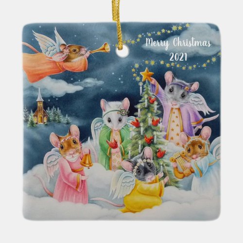 Christmas Angel Mice in Clouds Watercolor Art Ceramic Ornament