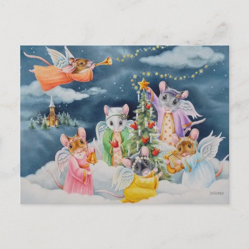 Christmas Angel Mice in Clouds Watercolor Art Postcard