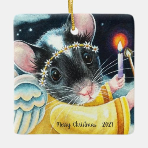 Christmas Angel Mouse and Candle Watercolor Art Ceramic Ornament