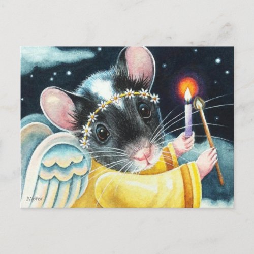 Christmas Angel Mouse and Candle Watercolor Art Postcard