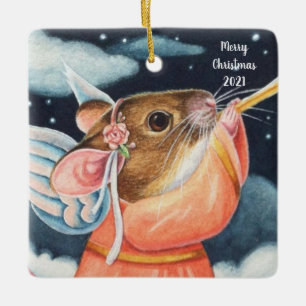 Christmas Angel Mouse and Trumpet Watercolor Art Ceramic Ornament