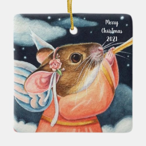 Christmas Angel Mouse and Trumpet Watercolor Art Ceramic Ornament