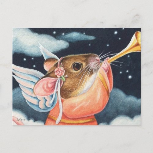 Christmas Angel Mouse and Trumpet Watercolor Art Postcard
