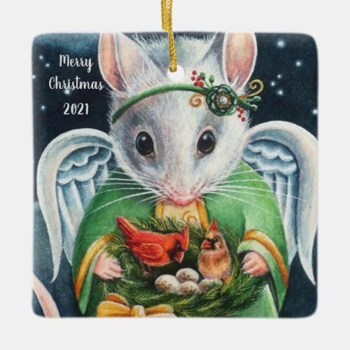 Christmas Angel Mouse  Cardinals Watercolor Art Ceramic Ornament