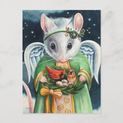 Christmas Angel Mouse  Cardinals Watercolor Art Postcard