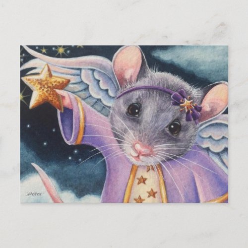 Christmas Angel Mouse Catching Star Watercolor Art Postcard