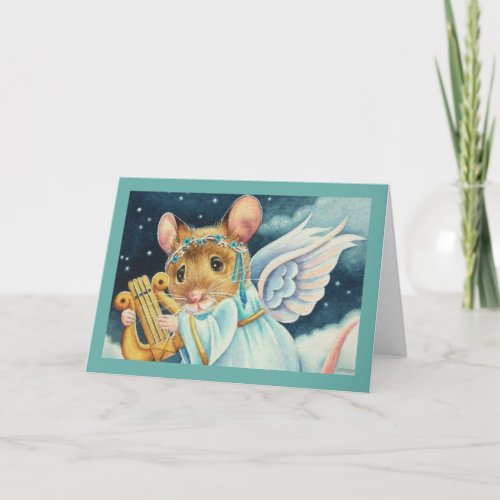 Christmas Angel Mouse Playing Lyre Watercolor Art Card