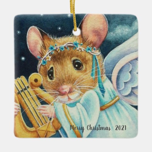 Christmas Angel Mouse Playing Lyre Watercolor Art Ceramic Ornament