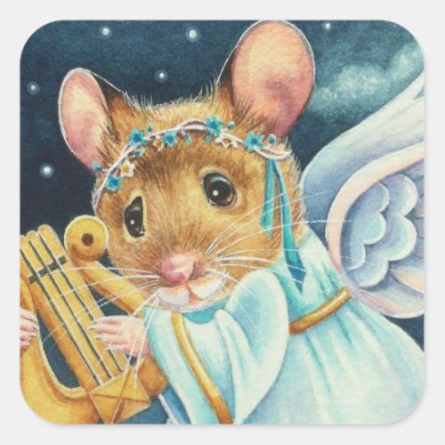 Christmas Angel Mouse Playing Lyre Watercolor Art Square Sticker