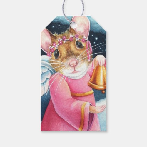 Christmas Angel Mouse Ringing Bell Watercolor Art Gift Tags