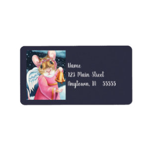 Christmas Angel Mouse Ringing Bell Watercolor Art Label