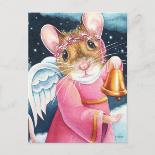 Christmas Angel Mouse Ringing Bell Watercolor Art Postcard