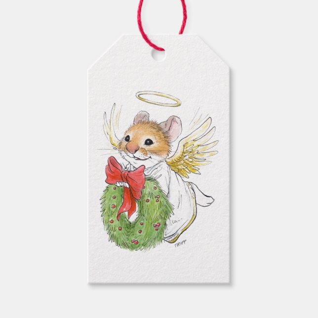Christmas Angel Mouse with Wreath Gift Tag (Front)
