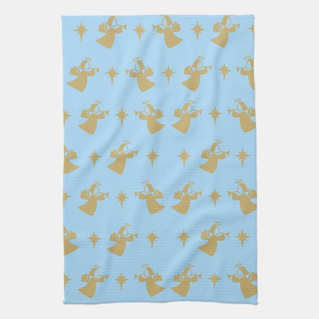 Christmas Angel Nativity Star Baby Blue Gold Kitchen Towel (Vertical)