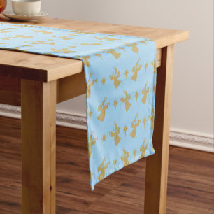 Christmas Angel Nativity Star Baby Blue Gold Short Table Runner