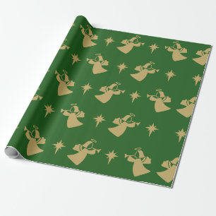 Christmas Angel Nativity Star Green Gold Wrapping Paper