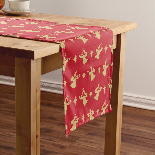 Christmas Angel Nativity Star Red Gold Short Table Runner (In Situ)