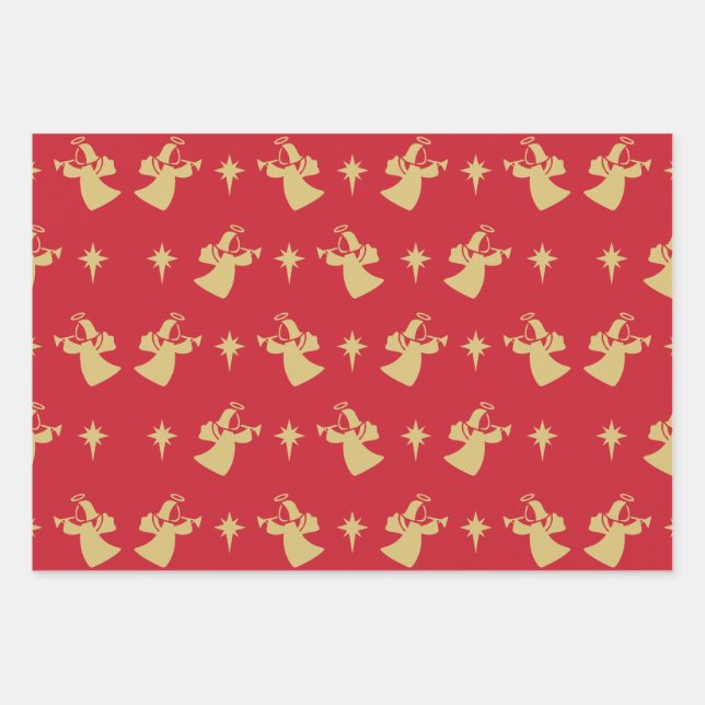 Christmas Angel Nativity Star Red Gold Wrapping Paper Sheets (Front)
