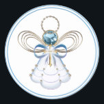 Christmas Angel of Faith Classic Round Sticker<br><div class="desc">Digital art of a metallic, filigree Christmas Angel of Faith in hues of blue and gold. There are gemstones on her halo and skirt. She is holding a cross with the word, "Faith". Her head is a blue gemstone. The caption, "Angel of Faith" is written in blue letters and a...</div>