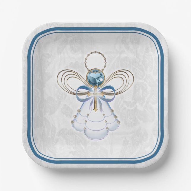Christmas Angel of Faith Elegant Blue Gold Paper Plates (Front)