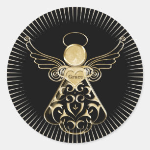 Christmas Angel of Grace Filigree Black and Gold Classic Round Sticker