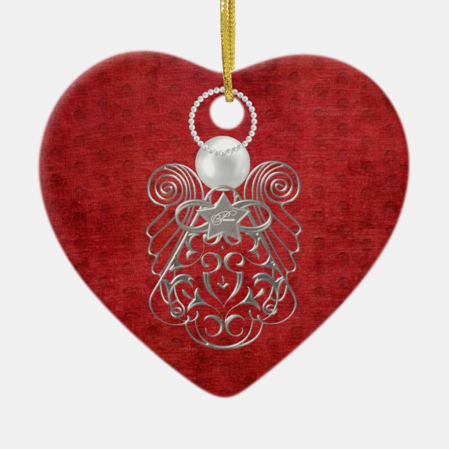Christmas Angel of Peace on Red Textured Chenille Ceramic Ornament (Front)