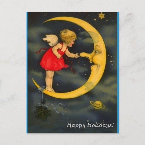 Christmas Angel Pinching Man in the Moon Nose Holiday Postcard