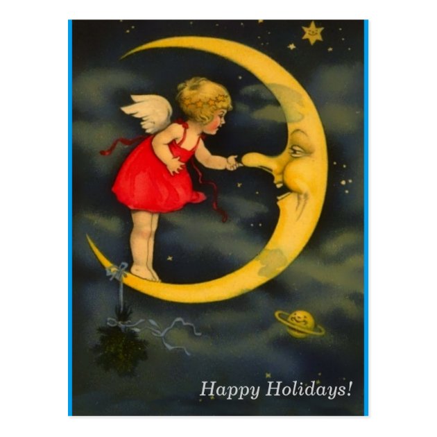 Christmas Angel Pinching Man In The Moon Nose Postcard