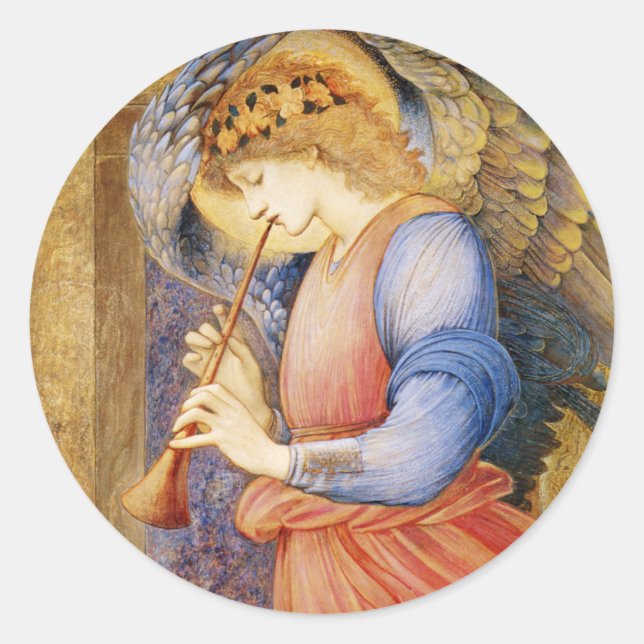Christmas Angel playing trumpet art image Classic Round Sticker (Front)