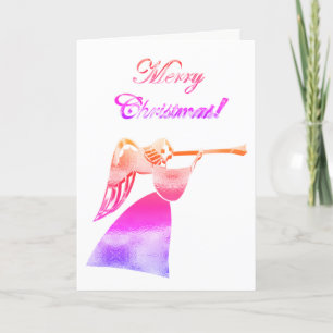 Christmas Angel Playing Trumpet Pink Rainbow Holiday Card