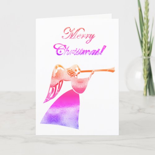 Christmas Angel Playing Trumpet Pink Rainbow Holiday Card