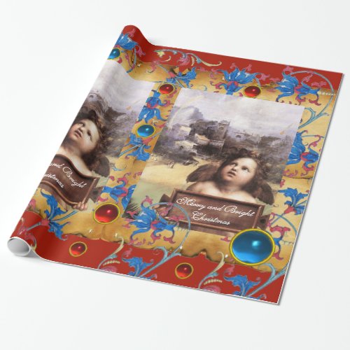 CHRISTMAS ANGELRED BLUE FLORAL PARCHMENT AND GEMS WRAPPING PAPER