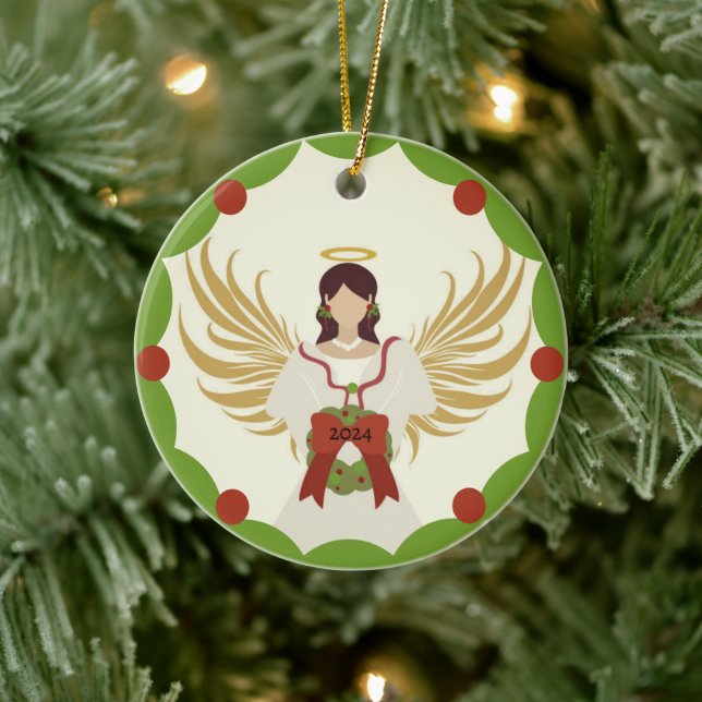 Christmas Angel Red Green Holly Wreath Year 2024 Ceramic Ornament (Tree)